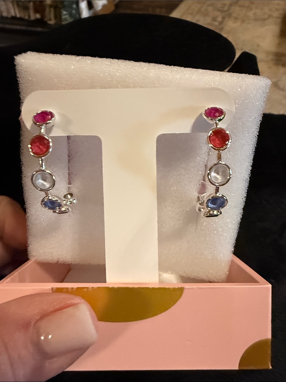 Multi-Color Gemstone Hoop Earrings - Silver Tone